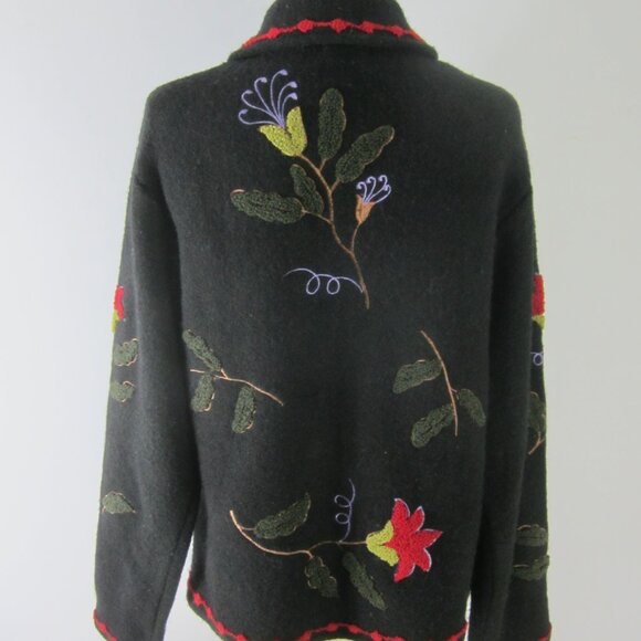 Tally Ho Womens S Black Boiled Wool Floral Full Zip Long Sleeve Jacket Cardigan - Picture 12 of 16